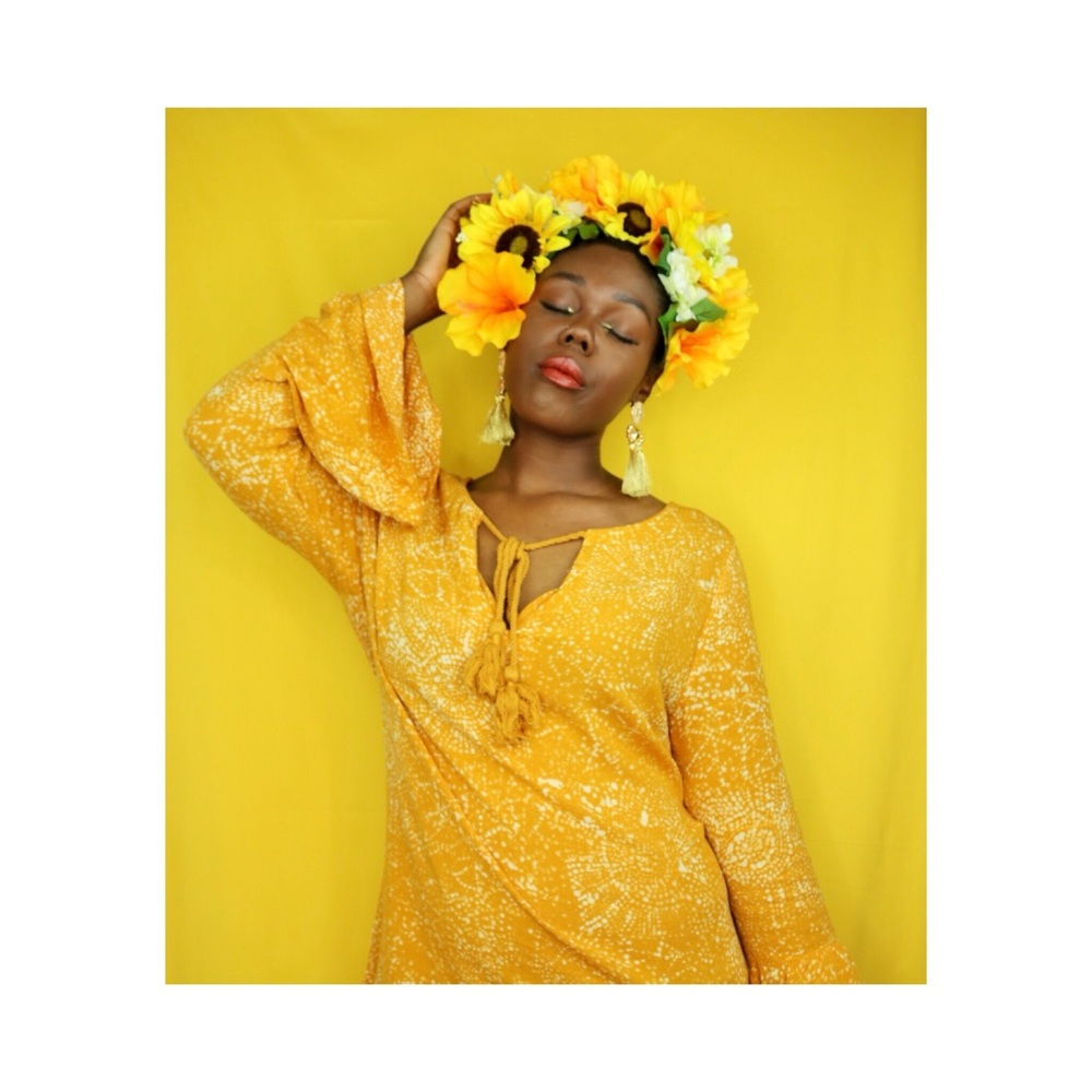 Yellow paisley dress.